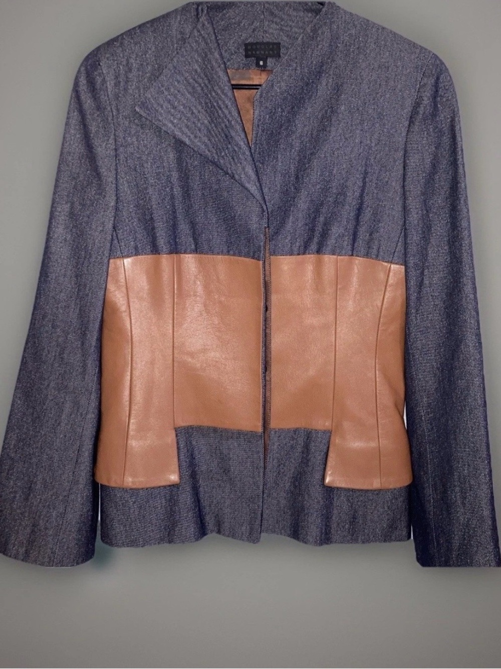 Douglas Hannant Black Wool Blend Blazer Cognac Leather Silk Lining Designer Sz 6